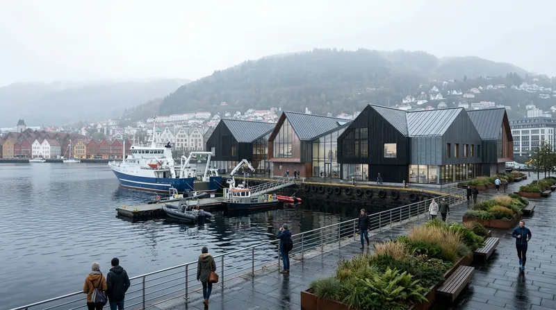 Mist-filtered morning light around a maritime research center in Bergen