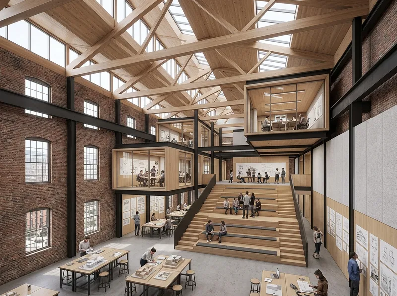 Diffuse clerestory daylight inside an adaptive-reuse design school in Boston