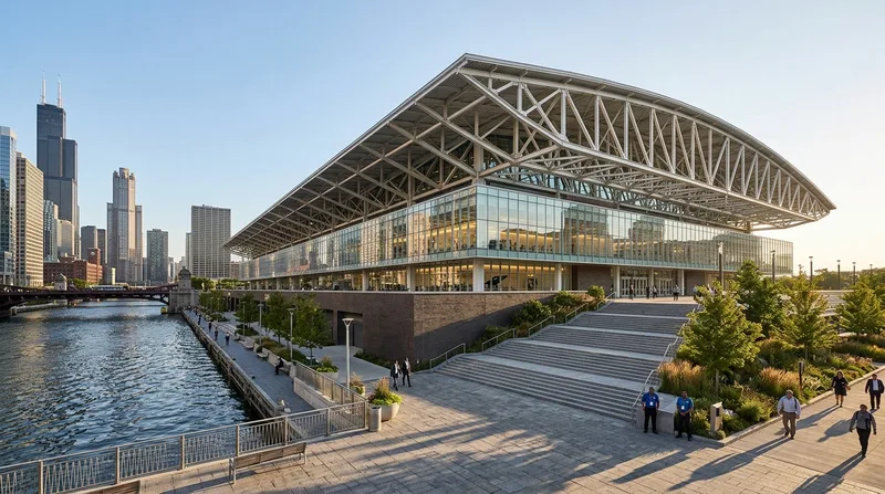 Cool early-morning side light across a Chicago riverfront convention center