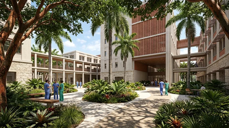 Filtered tropical daylight in a Miami academic medical campus courtyard