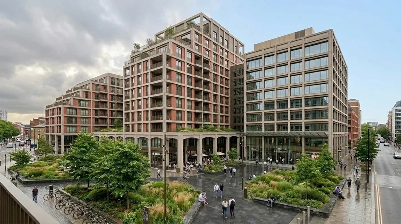 Post-rain daylight across a mixed-use development and landscaped public plaza