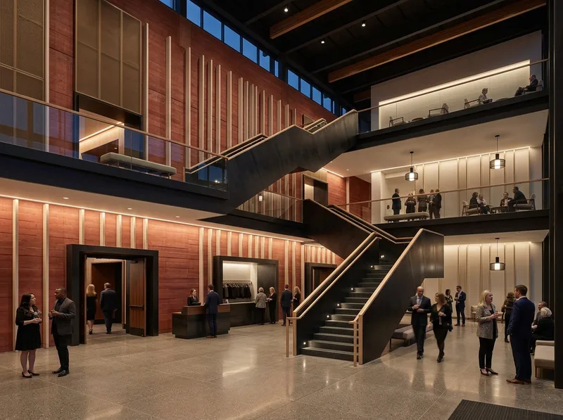 Layered evening lighting inside a large performing-arts foyer