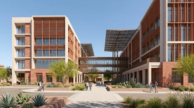Hard midday sun across a university engineering complex in Phoenix