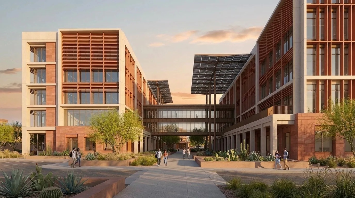Golden-hour raking light across a university engineering complex in Phoenix