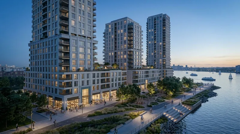 Blue-hour lighting across a waterfront residential development