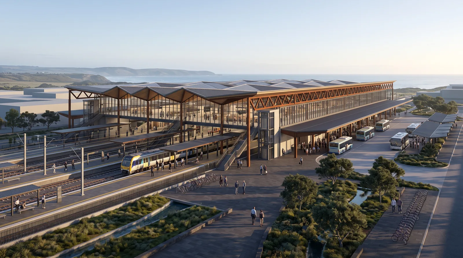 Early-morning exterior visualization of a regional intermodal rail and bus terminal