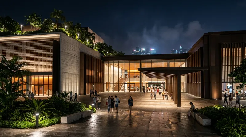 Layered night lighting across a cultural and convention district in Singapore
