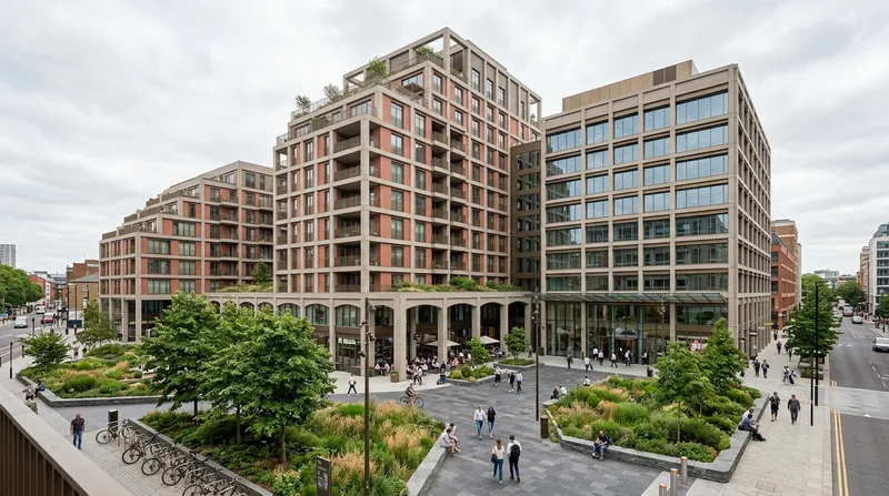 Neutral overcast daylight on a large mixed-use development and landscaped public plaza