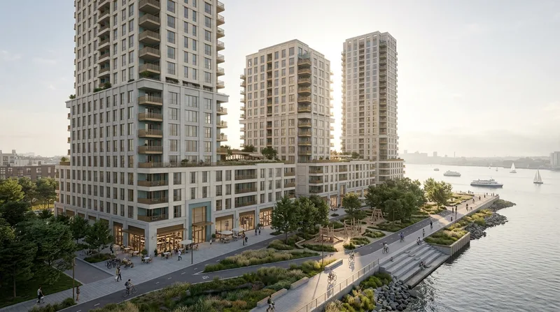 Soft backlight around a waterfront residential development and public landscape
