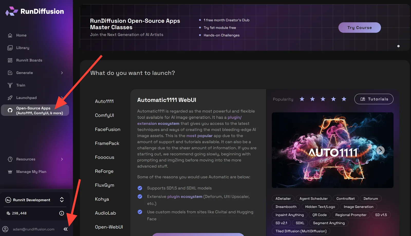 RunDiffusion-App-Auswahl mit hervorgehobenem ComfyUI.
