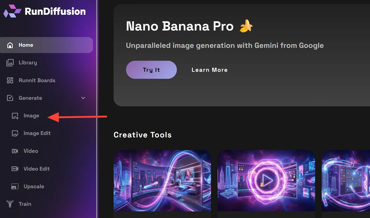 RunDiffusion platform sidebar showing the Image generation option.