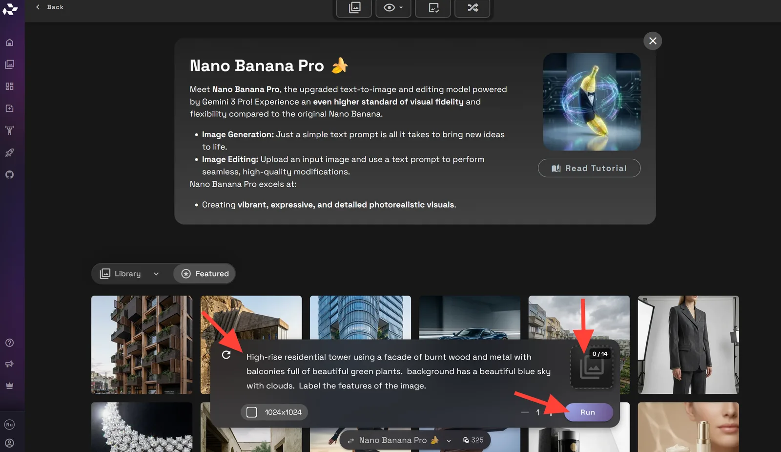 Nano Banana Pro image generation interface on RunDiffusion for architecture concepts.