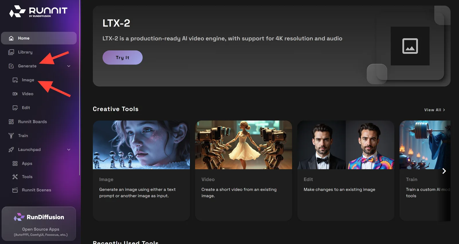 RunDiffusion sidebar showing the Generate and Image options for texture generation.