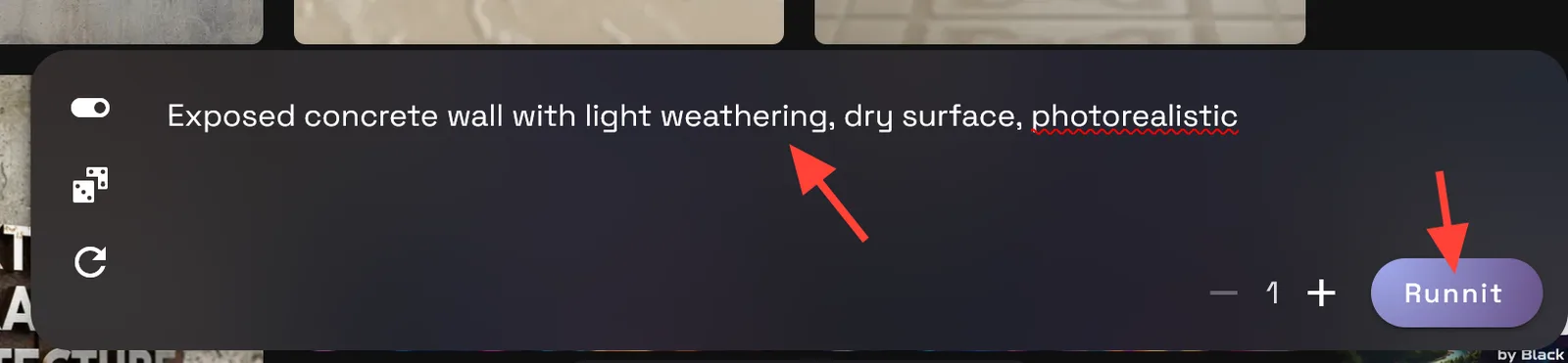 Prompt entry and run button in RunDiffusion for generating an architectural texture.