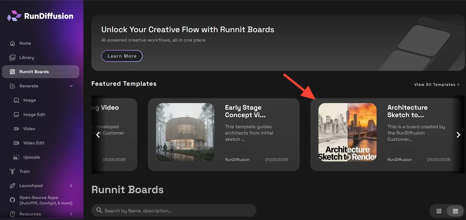 Template selection step for the Architecture Sketch to Render V2 Template.