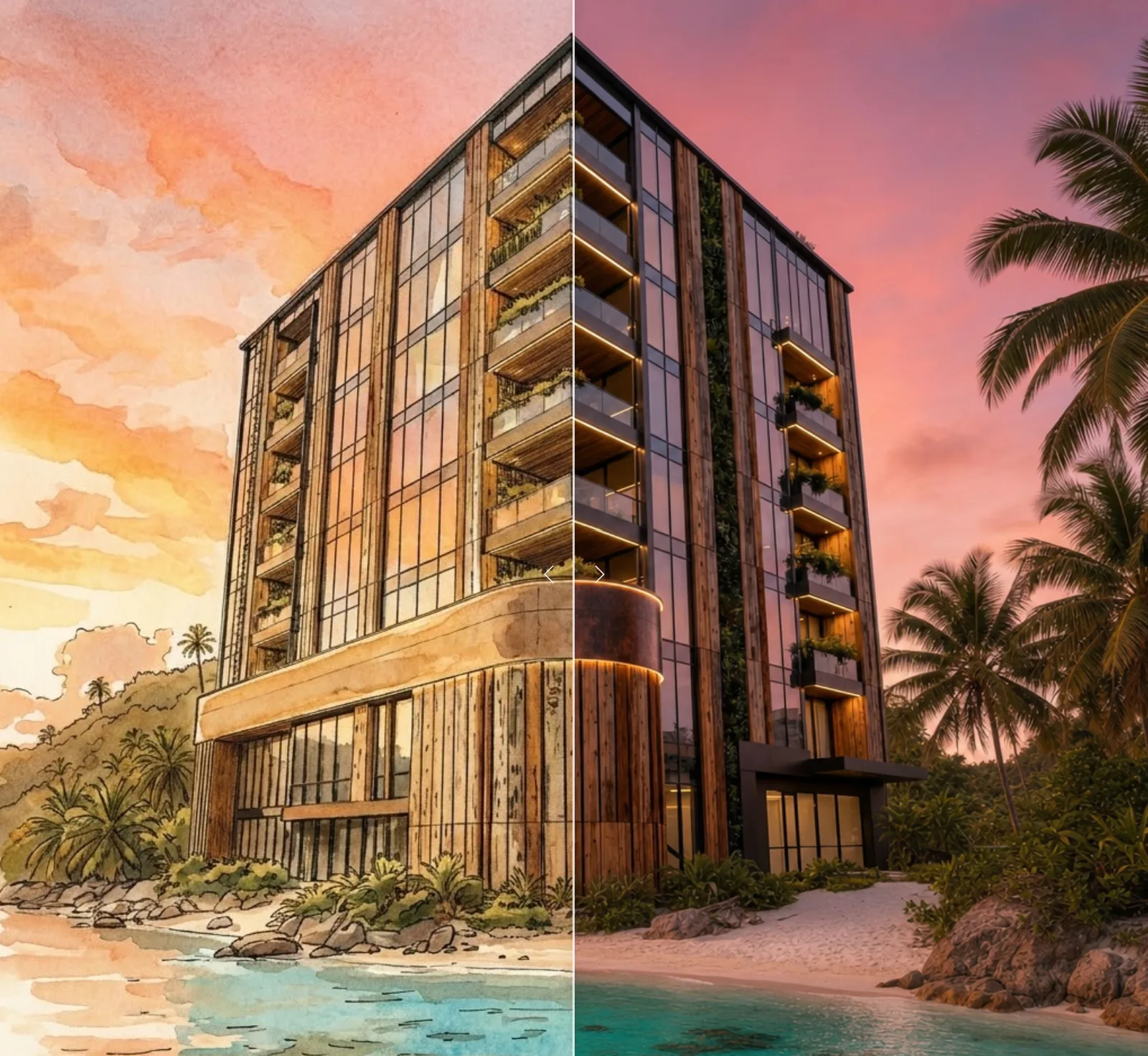 Comparación dividida de una torre costera en acuarela y su render fotorrealista.