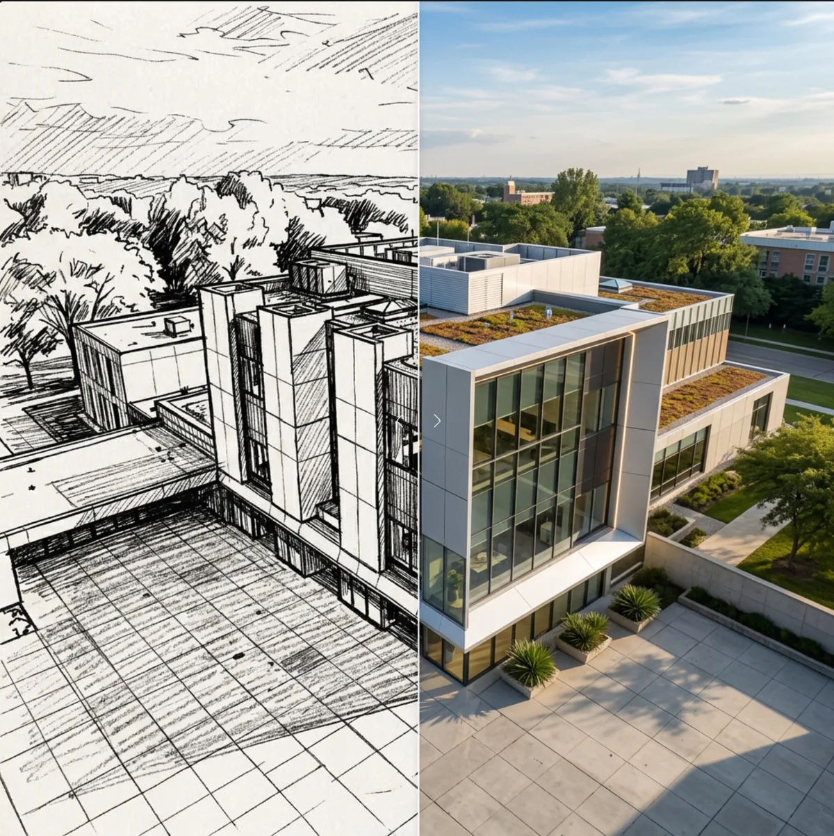 Comparación dividida de un edificio a tinta y un render fotorrealista de oficinas.