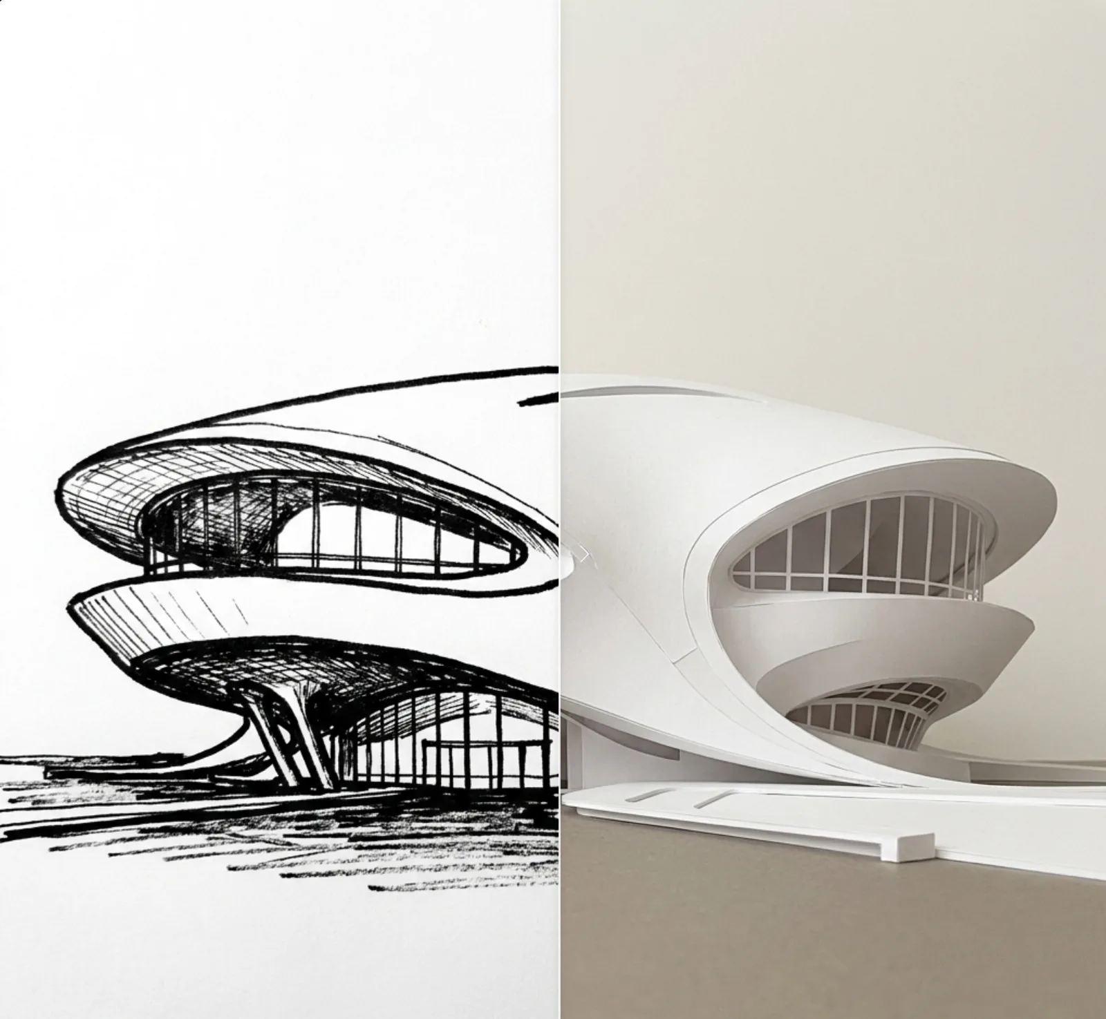 Comparación dividida de un boceto en tinta negra y una maqueta blanca de un edificio curvo.