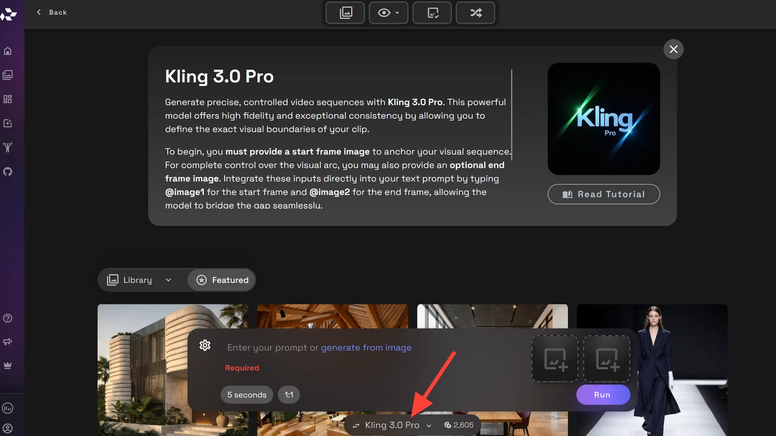 Interfaz de Kling 3.0 Pro con el selector de modelo resaltado.