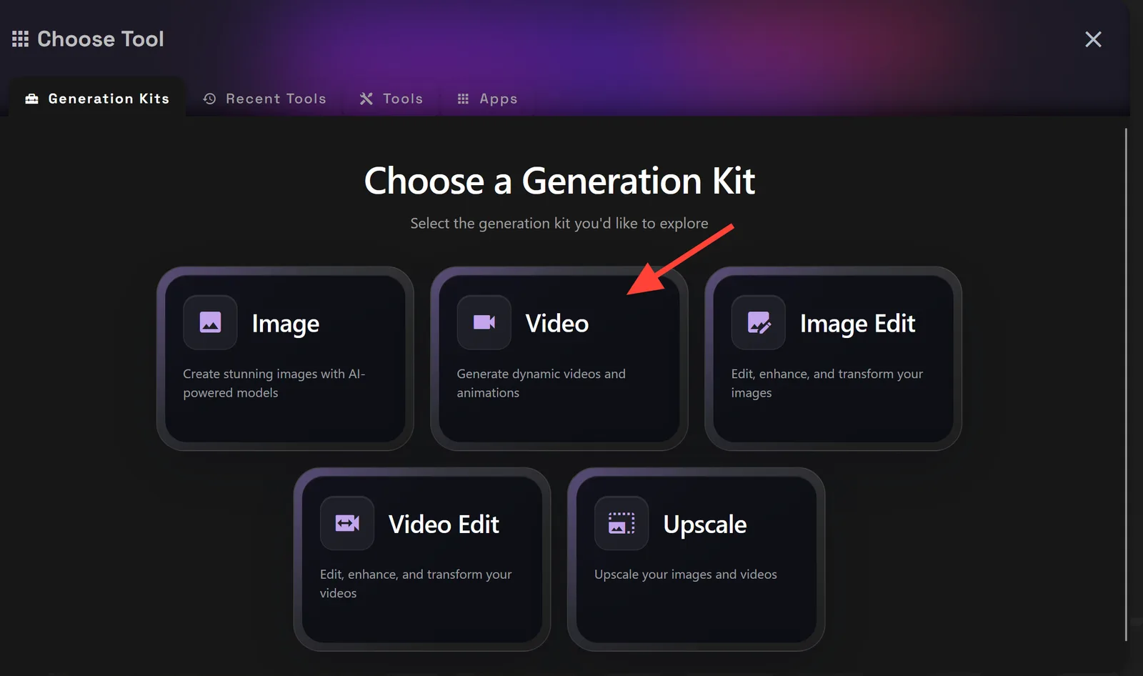 Cuadro Elegir un kit de generación con Vídeo resaltado.