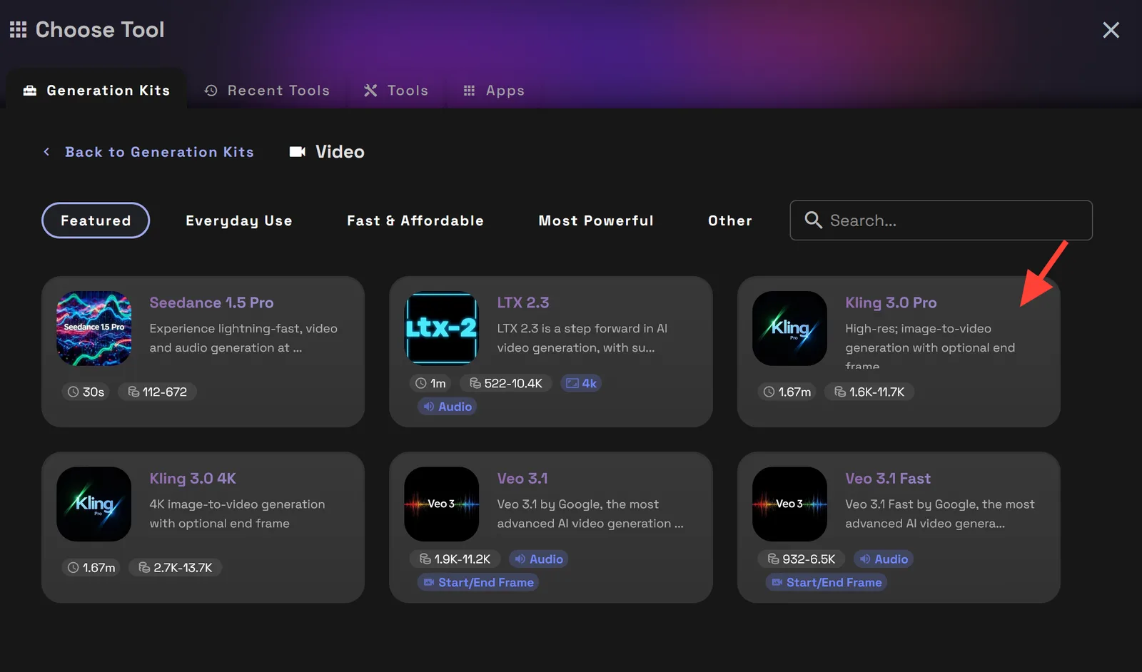 Cuadro Elegir herramienta con Kling 3.0 Pro resaltado.