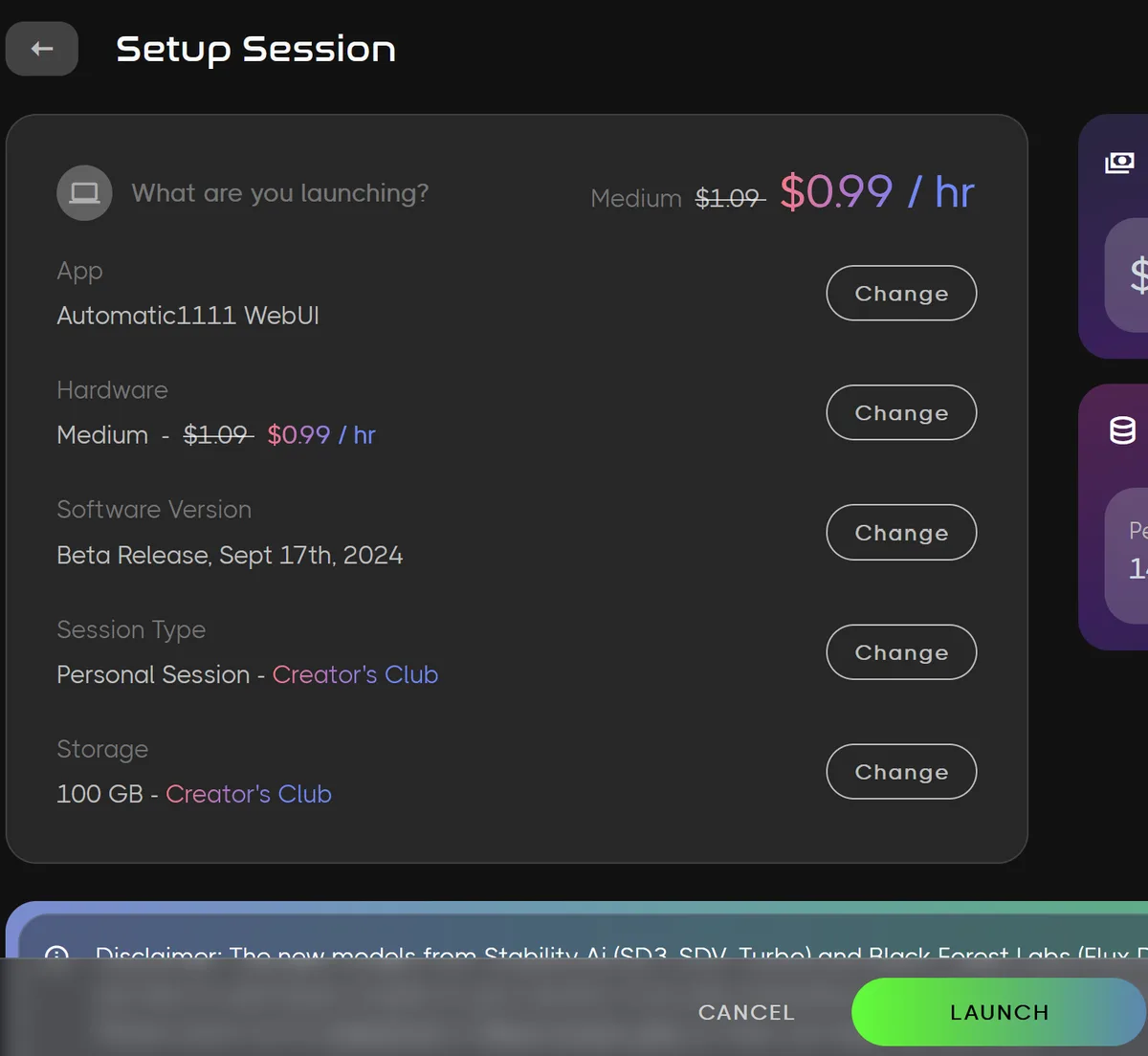 Écran de sélection d’application RunDiffusion pour Automatic1111