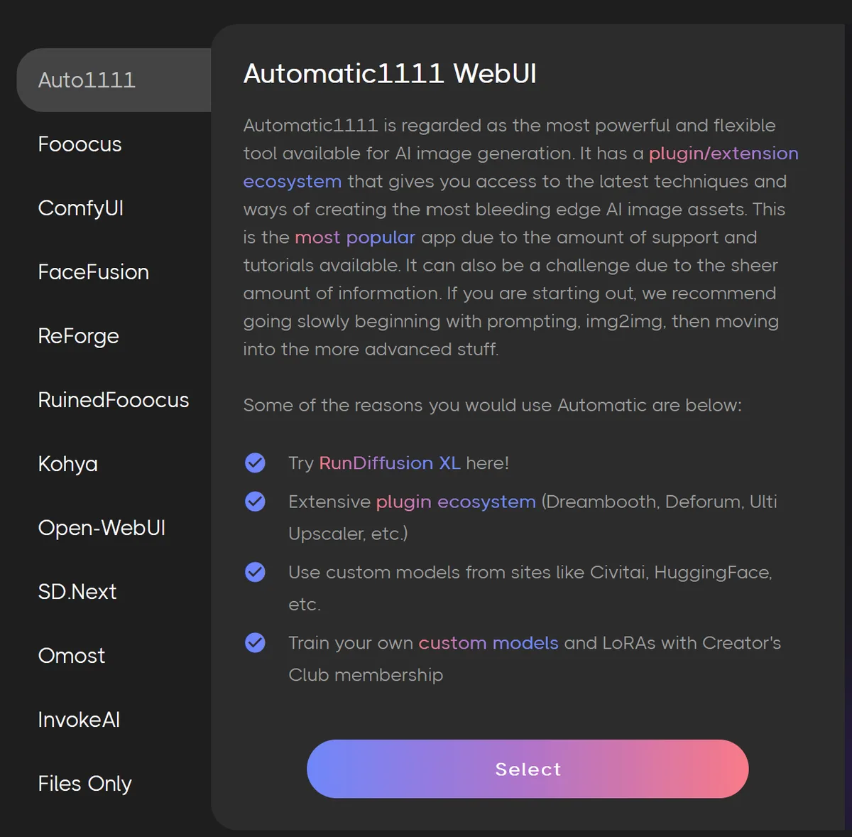 Écran de lancement Automatic1111 dans RunDiffusion