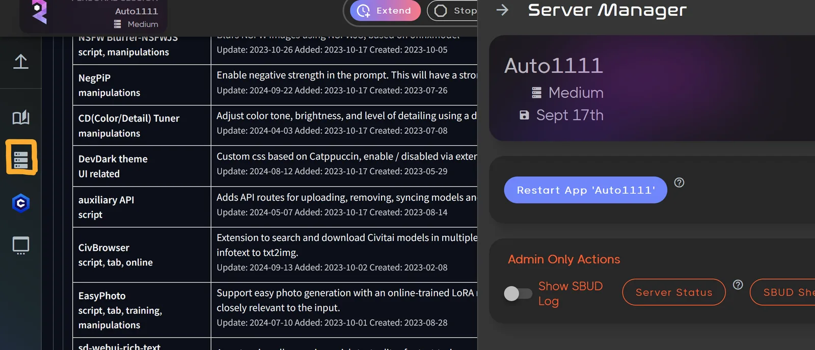 Redémarrage d’Auto1111 depuis Server Manager