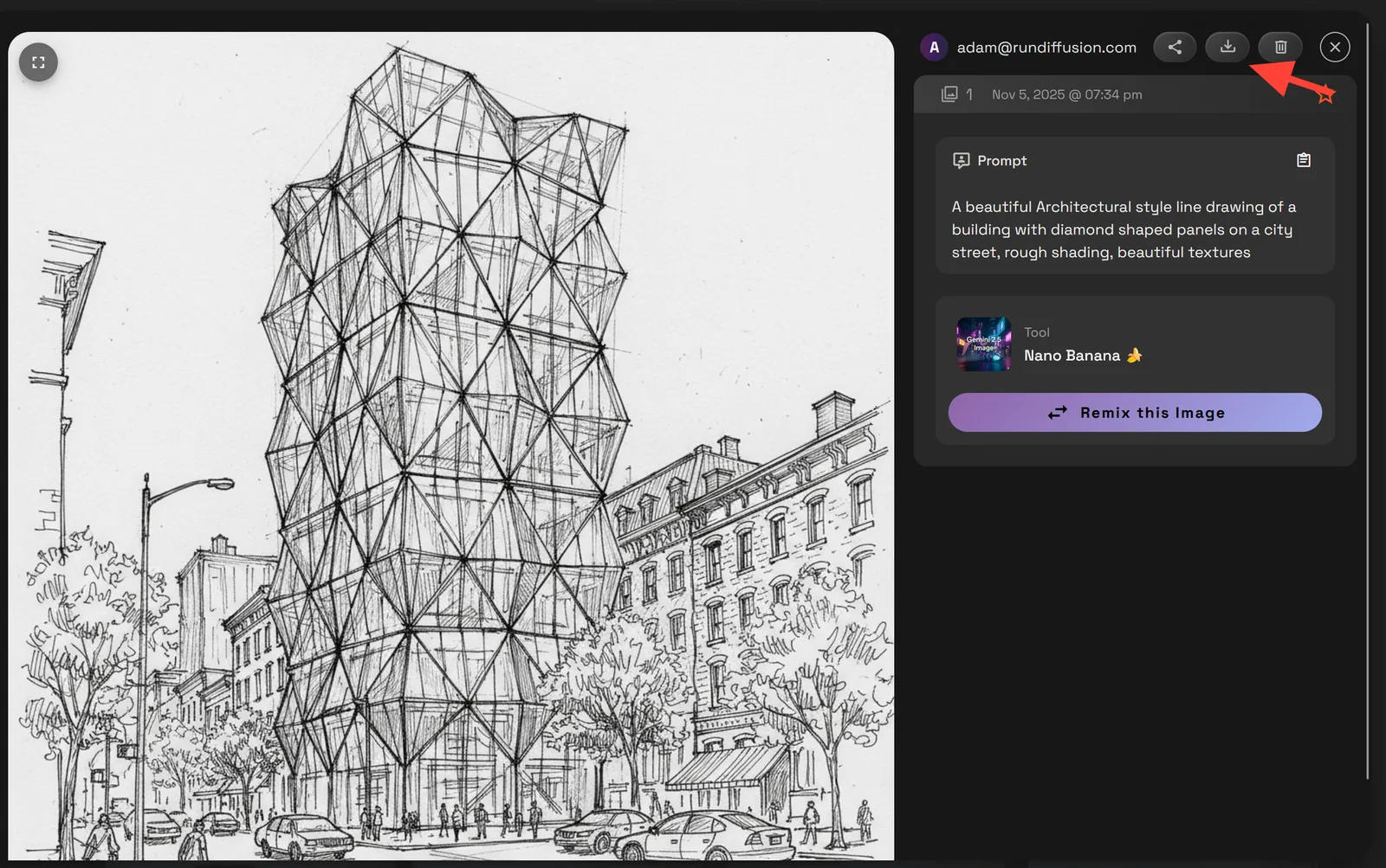 Generated architectural render result with download options in RunDiffusion.