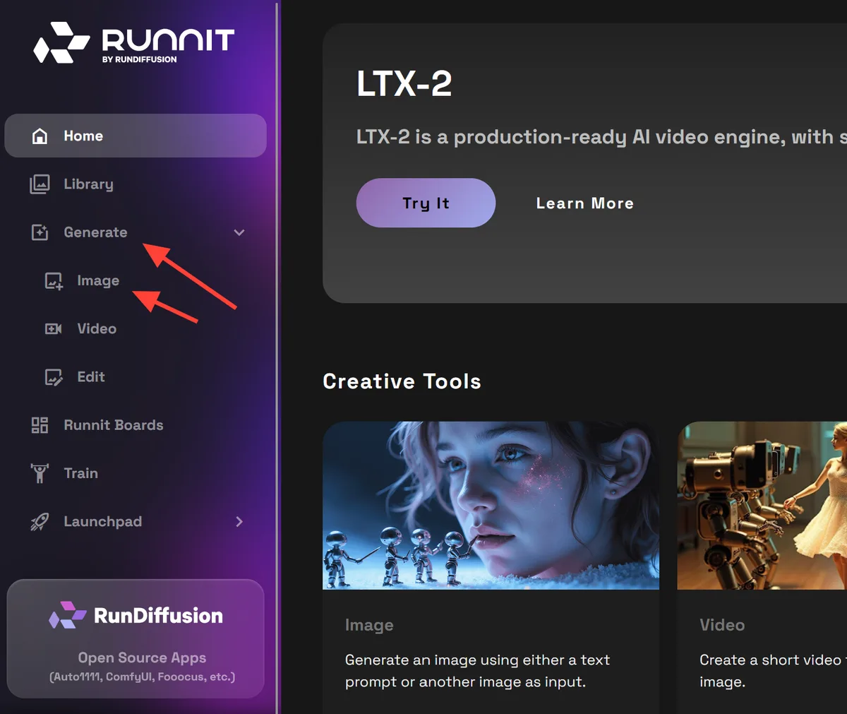 RunDiffusion sidebar showing the Generate and Image options.