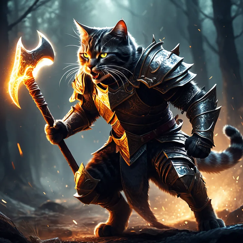 A fantasy warrior cat holding a magical axe