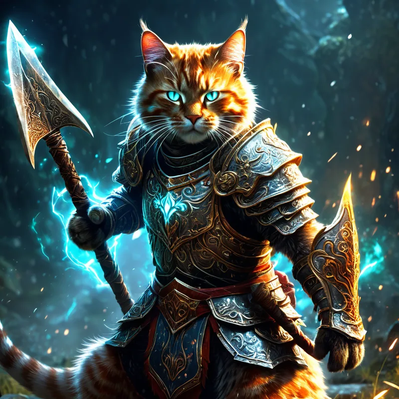 A higher quality cat warrior holding a glowing axe