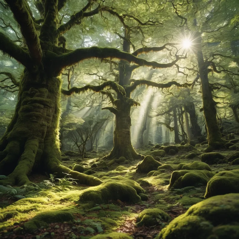 An ancient forest with moss and sunbeams
