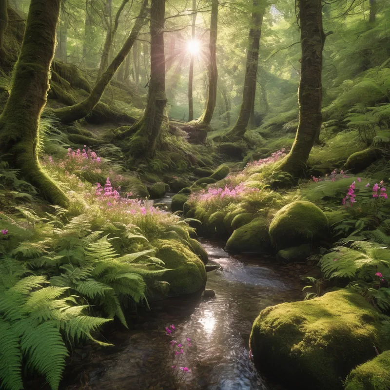 An ancient forest with moss sunbeams blue flowers and ferns