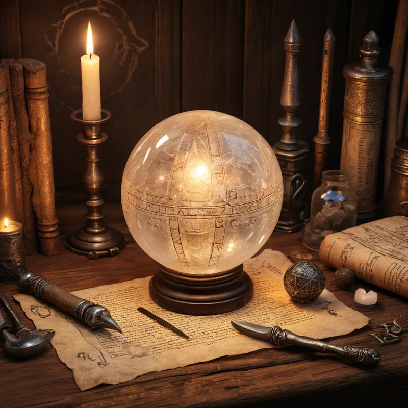 A crystal ball with strange markings on a wooden table