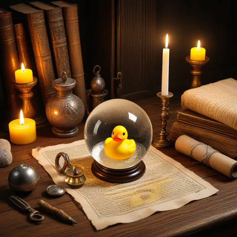 A crystal ball with a rubber duck inside of it on a wizard's desk