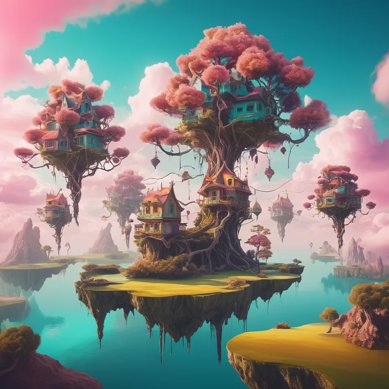 Floating islands with houses, surreal artwork
