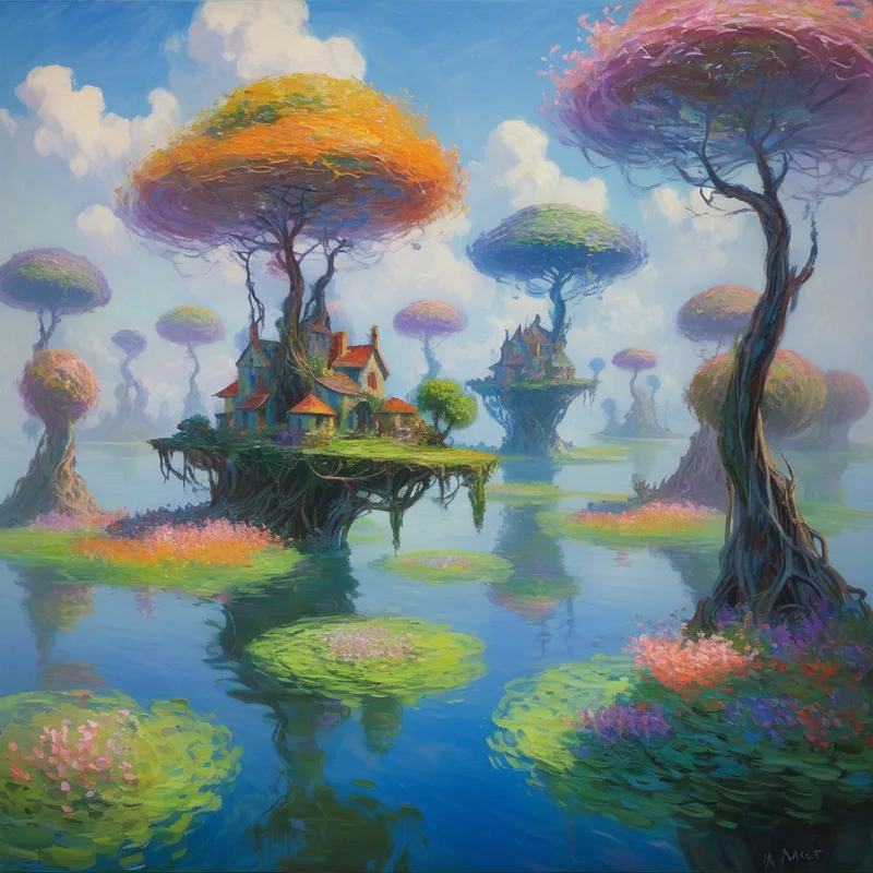 oil painting of a surreal scene with houses on islands