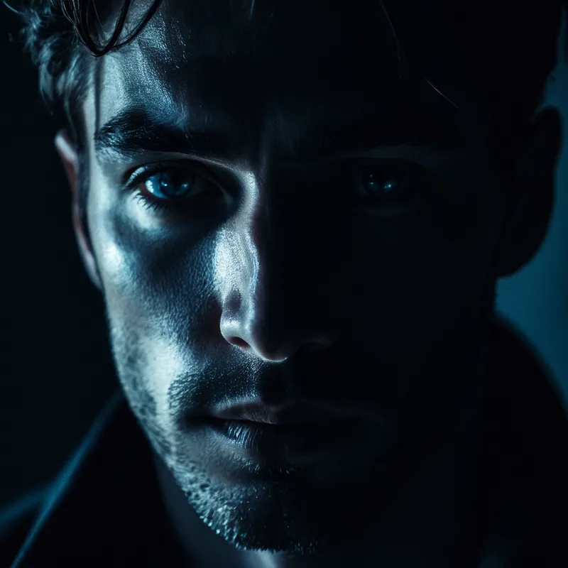 A man with beautiful eyes at night with light shining on his face