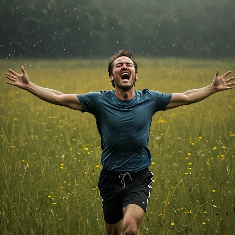 A man running in a field crying