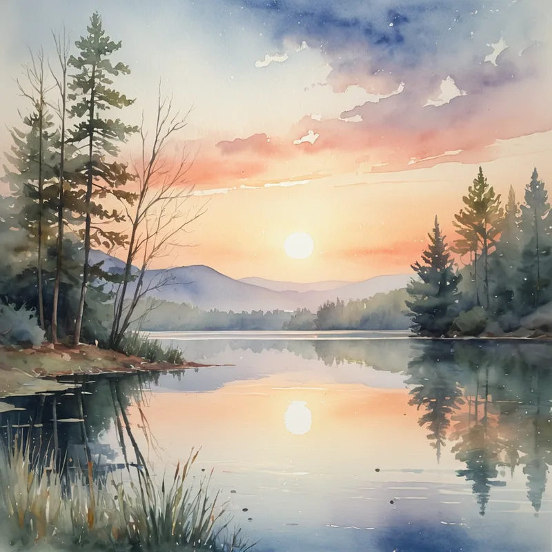 Watercolor painting of a lake scene