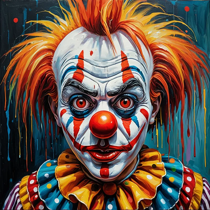 Oil painting of a clown with big eyes