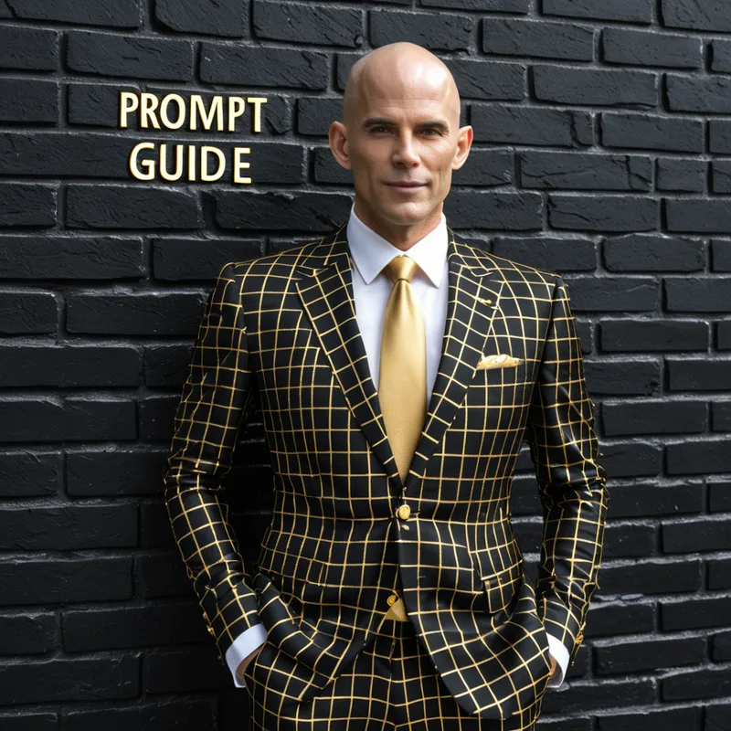 A James bond style villian with prompt guide in the top left