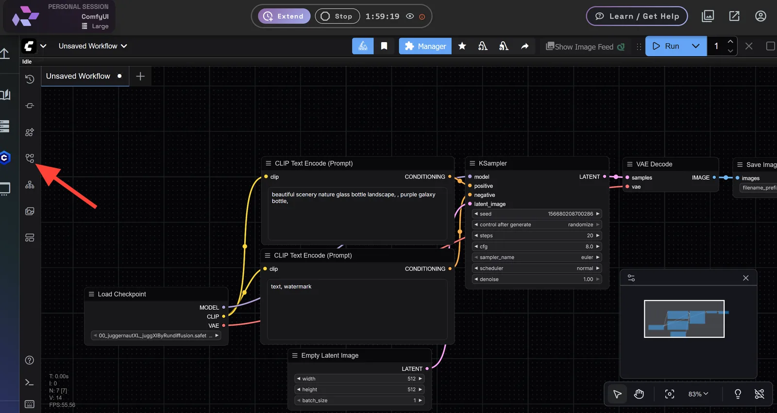 Workflow-Schaltfläche in der ComfyUI-Seitenleiste