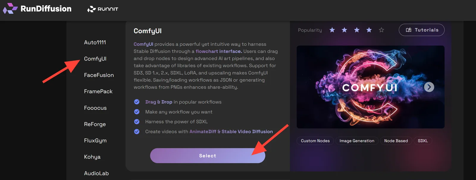 ComfyUI in den Open Source Apps von RunDiffusion auswählen