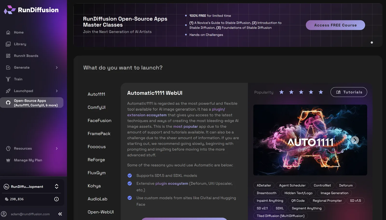Open-Source Apps in der RunDiffusion-Seitenleiste