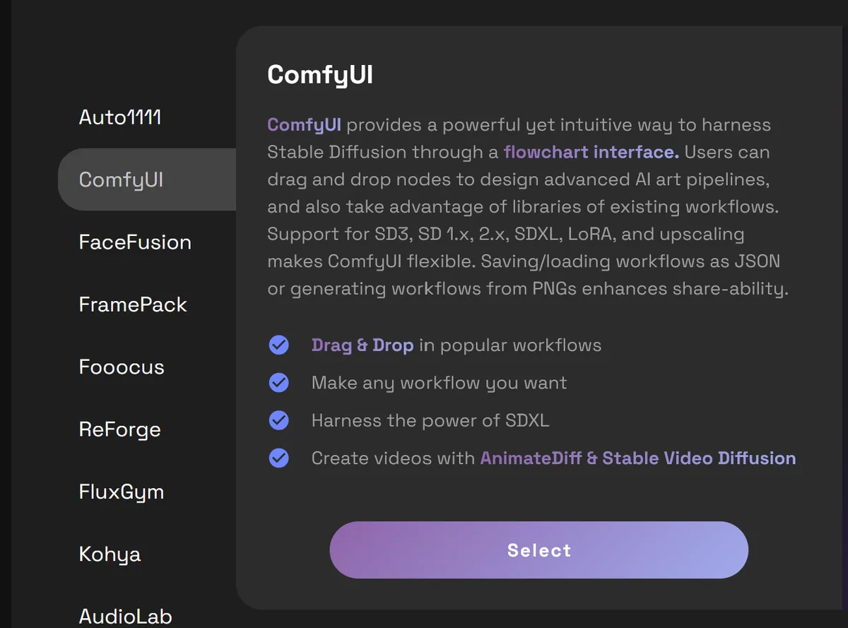 ComfyUI in RunDiffusion auswählen