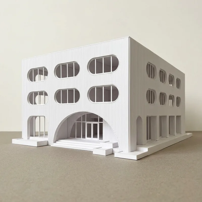 Maqueta blanca de un edificio con ventanas redondeadas.