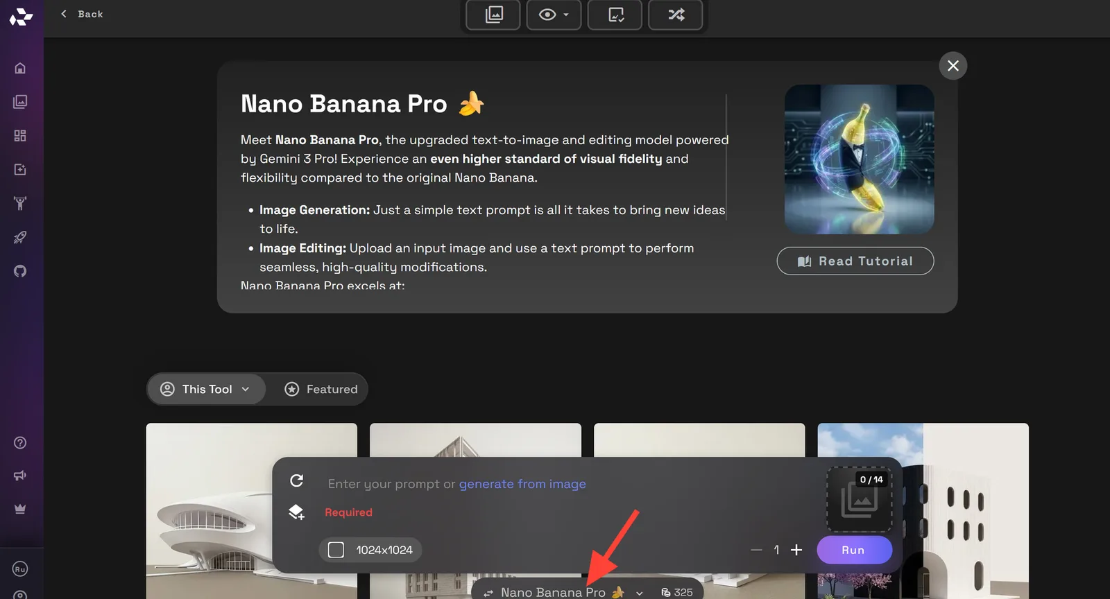 Interfaz de Nano Banana Pro con el selector de modelo resaltado.