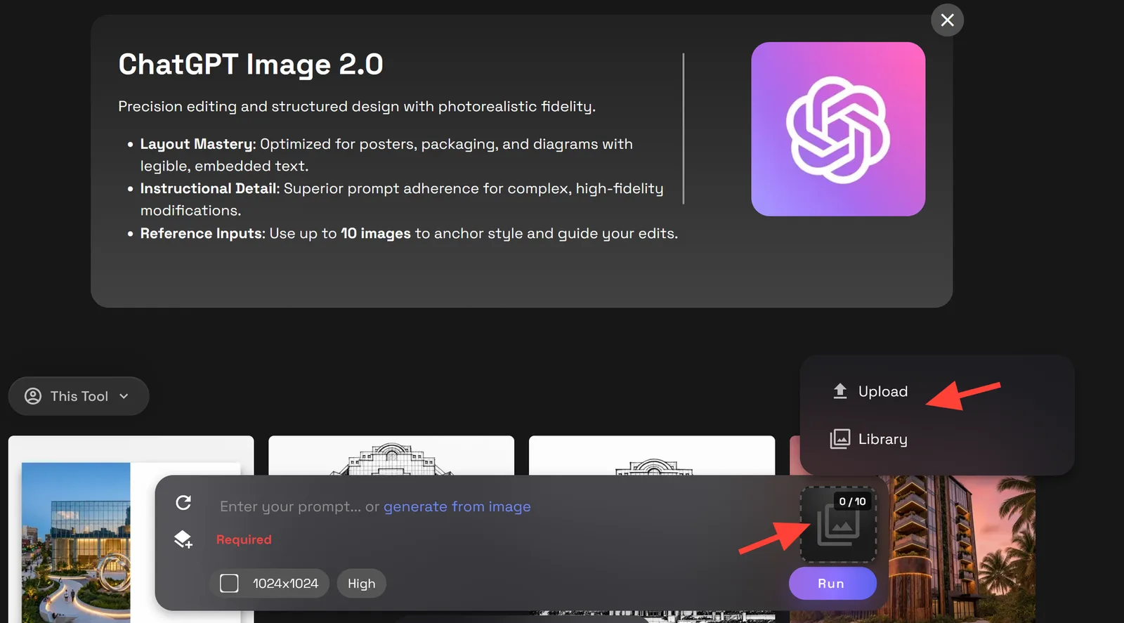 Interfaz de ChatGPT Image 2.0 con el control para subir imágenes resaltado.